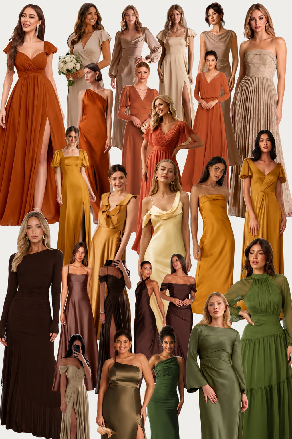 Mood board of warm-toned dresses in terracotta, amber, camel, brown, and olive
