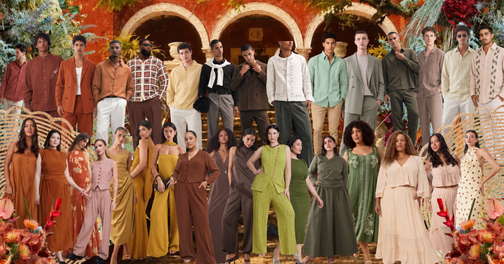 Wedding guests in warm earth-tone attire at a Yucatán hacienda