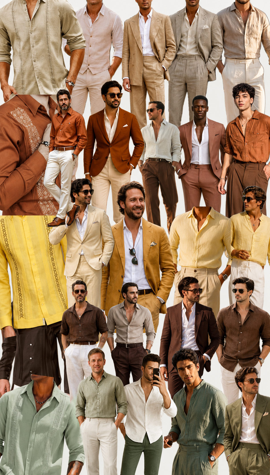 Mood board of men in linen shirts, guayaberas, and light suits in warm earth tones